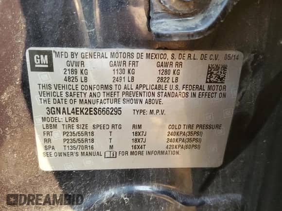 2014 Chevrolet Captiva Sport LTZ z VIN 3GNAL4EK2ES666295, wystawiony jako Copart lot #71545204 z przebiegiem Nie podano mil oraz Czysty tytuł • Clean title. Historia ofert i sprzedaży dostępna na DreamBid. Obrazek 13.