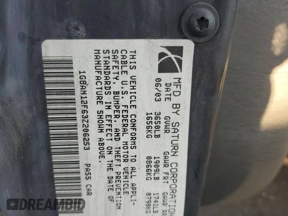 2003 Saturn ION ION 2 с VIN 1G8AN12F63Z206253, выставлен на аукционе Copart как лот 87373055 с пробегом 104 985 миль миль и Списание • Salvage title. История ставок и продаж доступна на DreamBid. Изображение 12.