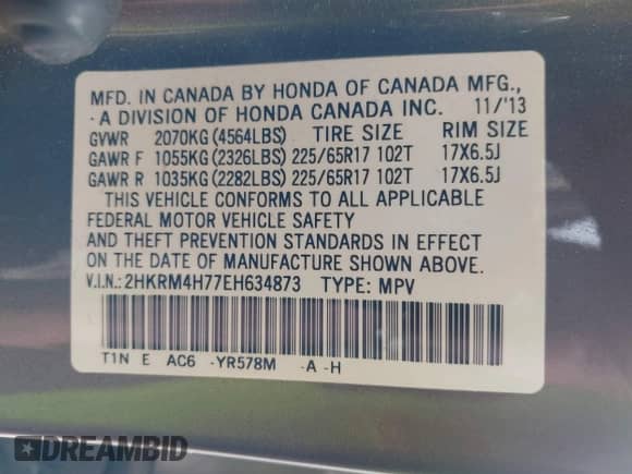 2014 Honda CR-V EX-L with VIN 2HKRM4H77EH634873, listed as a IAAI auction lot 43378873 with 231,015 mi miles and . Bid and sale history available at DreamBid. Image 9.