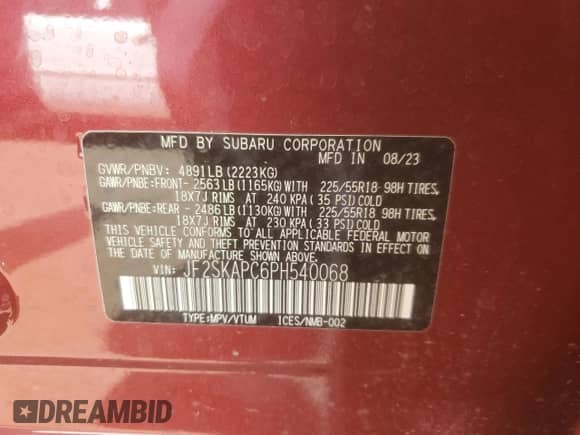 2023 Subaru Forester Limited z VIN JF2SKAPC6PH540068, wystawiony jako Copart lot #59184625 z przebiegiem 11 754 mil mil oraz Szkoda całkowita • Salvage title. Historia ofert i sprzedaży dostępna na DreamBid. Obrazek 13.