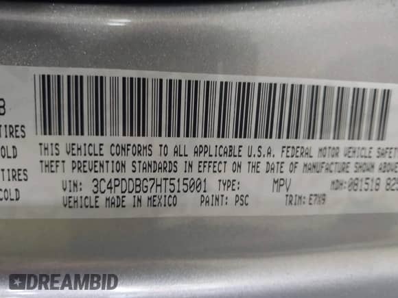 2017 Dodge Journey SXT with VIN 3C4PDDBG7HT515001, listed as a IAAI auction lot 43532217 with 124,332 mi miles and . Bid and sale history available at DreamBid. Image 9.