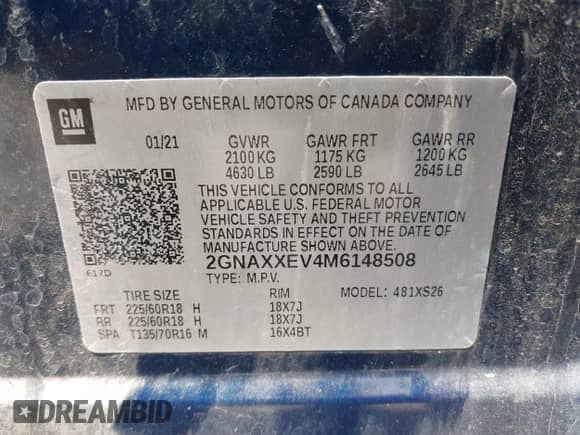 2021 Chevrolet Equinox Premier z VIN 2GNAXXEV4M6148508, wystawiony jako IAAI lot #42929506 z przebiegiem 59 861 mil mil oraz . Historia ofert i sprzedaży dostępna na DreamBid. Obrazek 9.