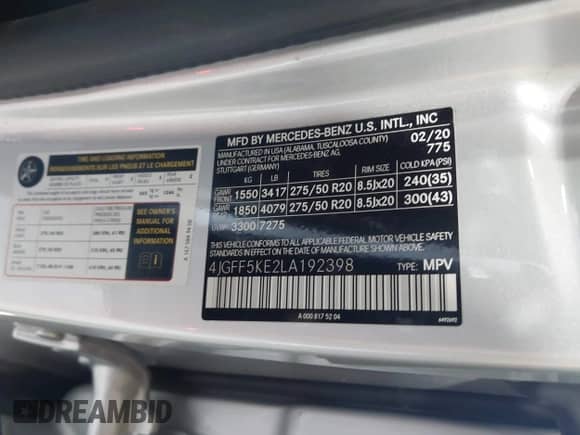 2020 Mercedes-Benz GLS 450 with VIN 4JGFF5KE2LA192398, listed as a IAAI auction lot 42802300 with 40,458 mi miles and . Bid and sale history available at DreamBid. Image 9.