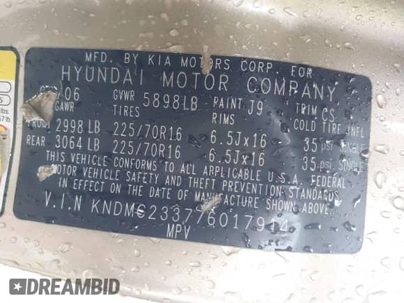 2007 Hyundai Entourage GLS с VIN KNDMC233776017914, выставлен на аукционе IAAI как лот 42581140 с пробегом 174 357 миль миль и . История ставок и продаж доступна на DreamBid. Изображение 9.