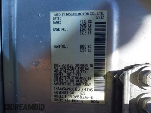 2013 Nissan Maxima SV z VIN 1N4AA5AP4DC823406, wystawiony jako IAAI lot #42730703 z przebiegiem 100 176 mil mil oraz . Historia ofert i sprzedaży dostępna na DreamBid. Obrazek 9.