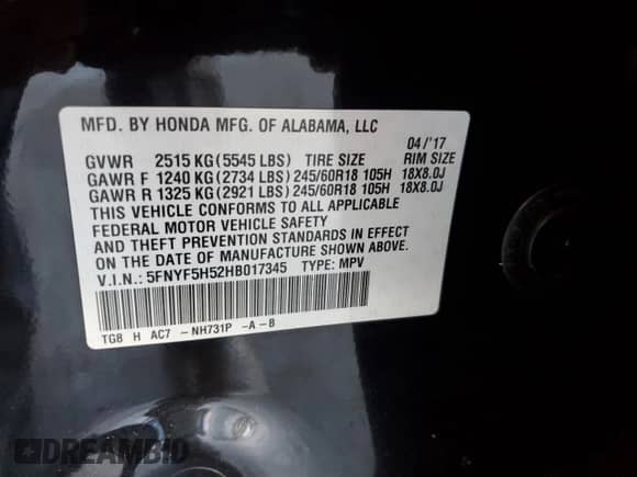 2017 Honda Pilot EX-L with VIN 5FNYF5H52HB017345, listed as a Copart auction lot 80751765 with 129,760 mi miles and Salvage title. Bid and sale history available at DreamBid. Image 14.