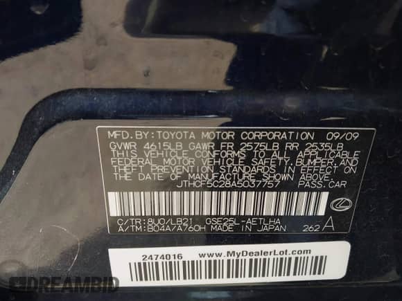 2010 Lexus IS 250 z VIN JTHCF5C28A5037757, wystawiony jako IAAI lot #42826319 z przebiegiem 161 234 mil mil oraz . Historia ofert i sprzedaży dostępna na DreamBid. Obrazek 9.