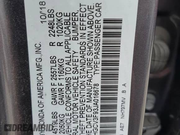 2018 Honda Accord Touring z VIN 1HGCV3F93JA016678, wystawiony jako Copart lot #64319145 z przebiegiem 60 068 mil mil oraz Szkoda całkowita • Salvage title. Historia ofert i sprzedaży dostępna na DreamBid. Obrazek 12.