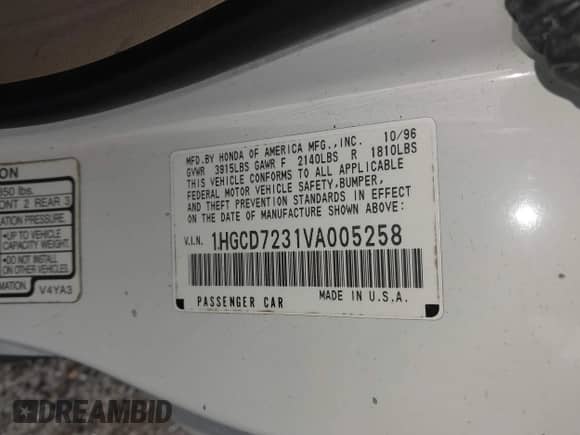 1997 Honda Accord LX с VIN 1HGCD7231VA005258, выставлен на аукционе IAAI как лот 42392761 с пробегом 127 740 миль миль и . История ставок и продаж доступна на DreamBid. Изображение 9.