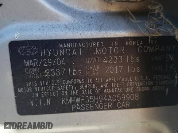 2004 Hyundai Sonata GLS with VIN KMHWF35H94A059908, listed as a Copart auction lot 75769764 with 96,306 mi miles and Clean title. Bid and sale history available at DreamBid. Image 12.