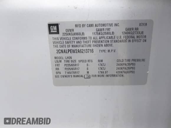 2010 Chevrolet Equinox 2LT with VIN 2CNALPEW2A6213716, listed as a IAAI auction lot 43450102 with Not provided miles and . Bid and sale history available at DreamBid. Image 9.