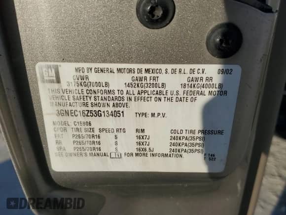 2003 Chevrolet Suburban LT with VIN 3GNEC16Z53G134051, listed as a Copart auction lot 76923234 with Not provided miles and Salvage title. Bid and sale history available at DreamBid. Image 15.