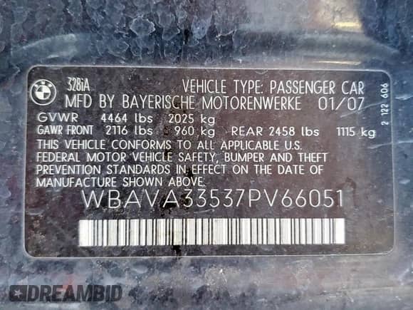 2007 BMW 3 Series 328i z VIN WBAVA33537PV66051, wystawiony jako Copart lot #82264715 z przebiegiem 102 572 mil mil oraz Szkoda całkowita • Salvage title. Historia ofert i sprzedaży dostępna na DreamBid. Obrazek 12.