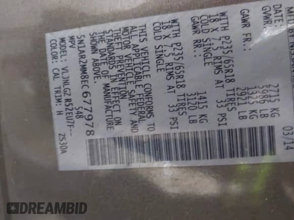 2014 Nissan Pathfinder SV with VIN 5N1AR2MM8EC677978, listed as a IAAI auction lot 42226299 with 159,939 mi miles and . Bid and sale history available at DreamBid. Image 9.