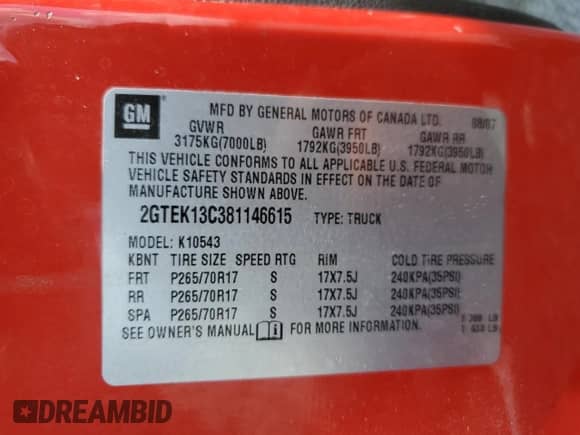 2008 GMC Sierra 1500 SL with VIN 2GTEK13C381146615, listed as a Copart auction lot 51348715 with 219,269 mi miles and Salvage title. Bid and sale history available at DreamBid. Image 14.