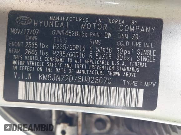 2008 Hyundai Tucson SE with VIN KM8JN72D78U823670, listed as a IAAI auction lot 42631548 with 212,203 mi miles and . Bid and sale history available at DreamBid. Image 9.