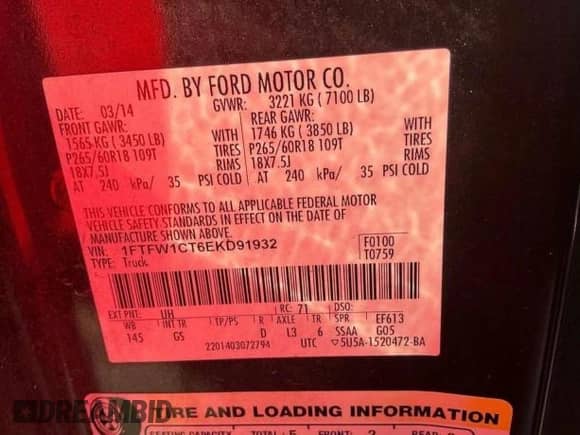 2014 Ford F-150 XL z VIN 1FTFW1CT6EKD91932, wystawiony jako Copart lot #91332095 z przebiegiem 306 835 mil mil oraz Czysty tytuł • Clean title. Historia ofert i sprzedaży dostępna na DreamBid. Obrazek 10.