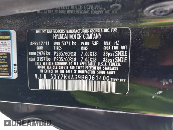 2011 Hyundai Santa Fe Limited с VIN 5XYZK4AG9BG061400, выставлен на аукционе IAAI как лот 42908507 с пробегом 103 414 миль миль и . История ставок и продаж доступна на DreamBid. Изображение 9.
