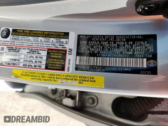 2009 Toyota Camry LE z VIN 4T1BK46K59U088242, wystawiony jako Copart lot #70896425 z przebiegiem 232 330 mil mil oraz Szkoda całkowita • Salvage title. Historia ofert i sprzedaży dostępna na DreamBid. Obrazek 12.