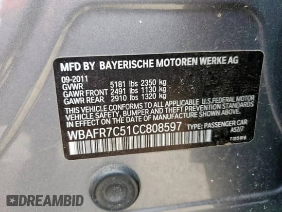 2012 BMW 5 Series 535i с VIN WBAFR7C51CC808597, выставлен на аукционе Copart как лот 64322455 с пробегом 94 852 миль миль и Списание • Salvage title. История ставок и продаж доступна на DreamBid. Изображение 13.