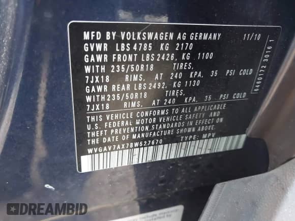 2011 Volkswagen Tiguan S with VIN WVGAV7AX7BW527670, listed as a IAAI auction lot 41189707 with 155,282 mi miles and . Bid and sale history available at DreamBid. Image 9.