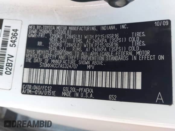 2010 Toyota Sienna CE с VIN 5TDKK4CC7AS324707, выставлен на аукционе IAAI как лот 42853782 с пробегом 196 862 миль миль и . История ставок и продаж доступна на DreamBid. Изображение 9.