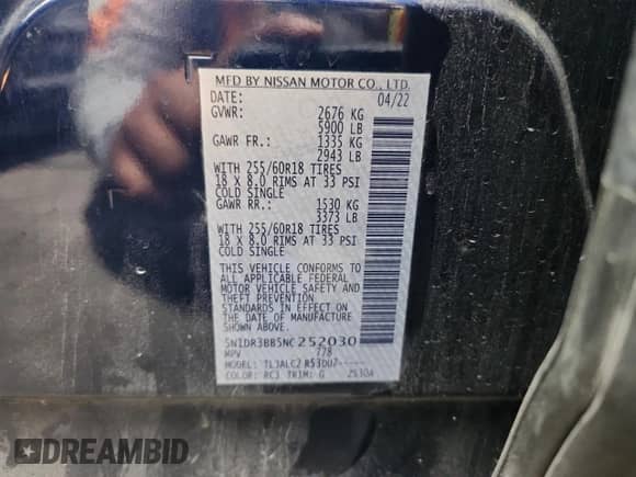 2022 Nissan Pathfinder SV с VIN 5N1DR3BB5NC252030, выставлен на аукционе Copart как лот 81257865 с пробегом 51 039 миль миль и Списание • Salvage title. История ставок и продаж доступна на DreamBid. Изображение 13.