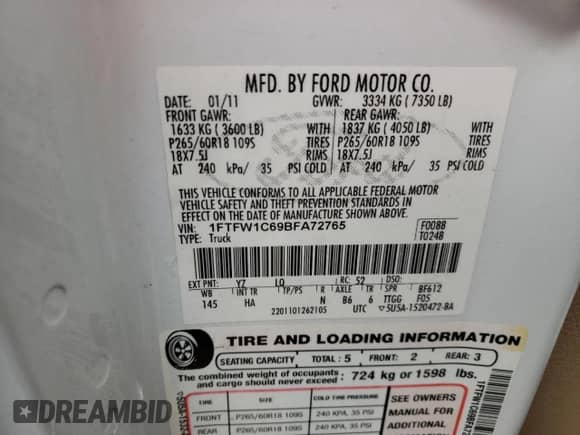 2011 Ford F-150 Lariat с VIN 1FTFW1C69BFA72765, выставлен на аукционе Copart как лот 55170485 с пробегом 276 320 миль миль и Списание • Salvage title. История ставок и продаж доступна на DreamBid. Изображение 12.