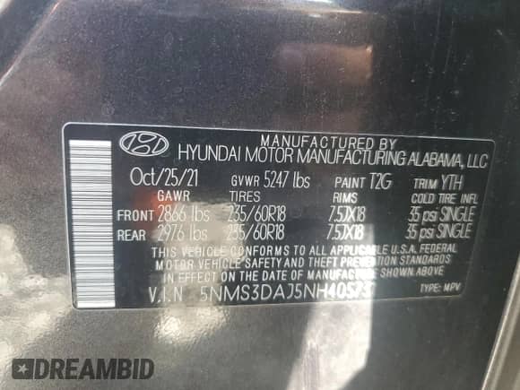 2022 Hyundai Santa Fe SEL с VIN 5NMS3DAJ5NH405731, выставлен на аукционе Copart как лот 80673995 с пробегом 76 636 миль миль и Списание • Salvage title. История ставок и продаж доступна на DreamBid. Изображение 13.