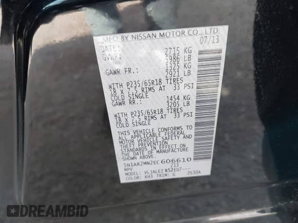 2014 Nissan Pathfinder SL z VIN 5N1AR2MN2EC606610, wystawiony jako IAAI lot #43563030 z przebiegiem 146 619 mil mil oraz . Historia ofert i sprzedaży dostępna na DreamBid. Obrazek 9.