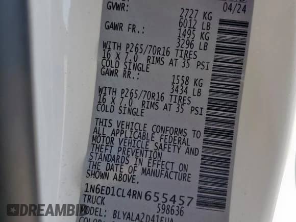 2024 Nissan Frontier S с VIN 1N6ED1CL4RN655457, выставлен на аукционе Copart как лот 84598775 с пробегом 2 833 миль миль и Списание • Salvage title. История ставок и продаж доступна на DreamBid. Изображение 12.