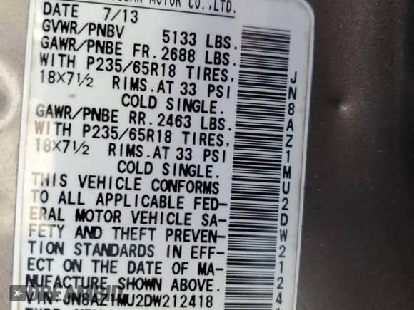 2013 Nissan Murano SV z VIN JN8AZ1MU2DW212418, wystawiony jako Copart lot #81163235 z przebiegiem 109 619 mil mil oraz Szkoda całkowita • Salvage title. Historia ofert i sprzedaży dostępna na DreamBid. Obrazek 13.