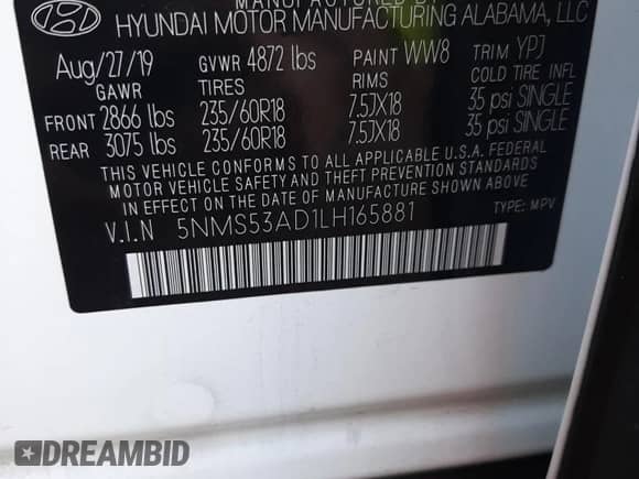 2020 Hyundai Santa Fe Limited with VIN 5NMS53AD1LH165881, listed as a Copart auction lot 70551872 with 24,357 mi miles and . Bid and sale history available at DreamBid. Image 15.