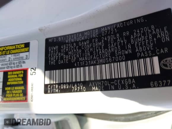 2021 Toyota Camry Hybrid XLE with VIN 4T1F31AK3MU567000, listed as a IAAI auction lot 43279629 with 132,796 mi miles and . Bid and sale history available at DreamBid. Image 9.