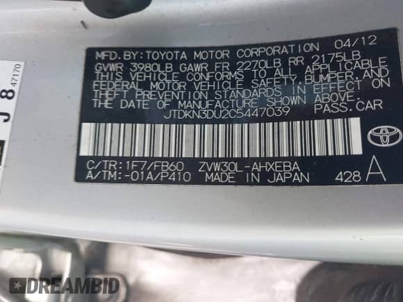 2012 Toyota Prius One с VIN JTDKN3DU2C5447039, выставлен на аукционе IAAI как лот 43096788 с пробегом 316 804 миль миль и . История ставок и продаж доступна на DreamBid. Изображение 9.