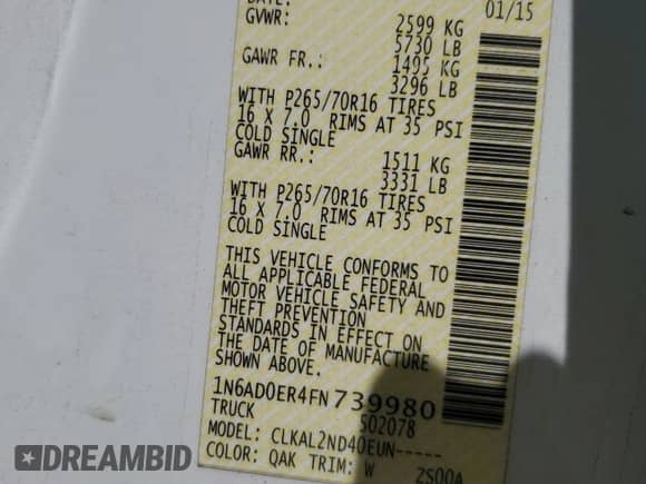 2015 Nissan Frontier S with VIN 1N6AD0ER4FN739980, listed as a Copart auction lot 71560675 with 121,703 mi miles and Salvage title. Bid and sale history available at DreamBid. Image 12.