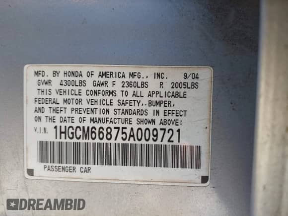 2005 Honda Accord EX-L с VIN 1HGCM66875A009721, выставлен на аукционе IAAI как лот 42824312 с пробегом 126 054 миль миль и . История ставок и продаж доступна на DreamBid. Изображение 9.