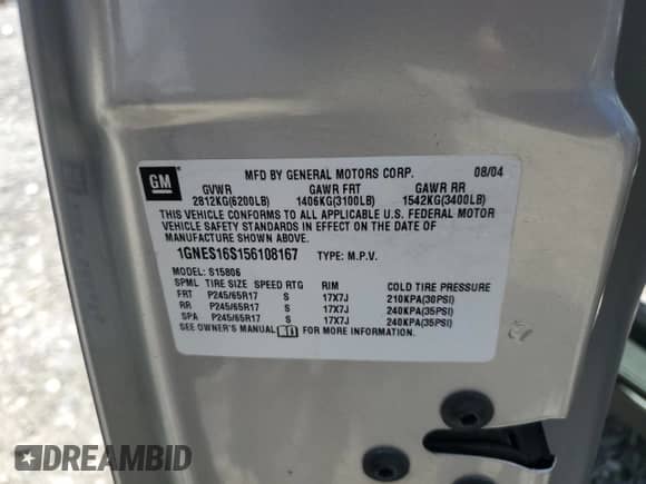 2005 Chevrolet TrailBlazer LT z VIN 1GNES16S156108167, wystawiony jako Copart lot #61504945 z przebiegiem Nie podano mil oraz Szkoda całkowita • Salvage title. Historia ofert i sprzedaży dostępna na DreamBid. Obrazek 13.