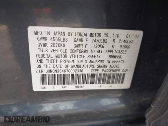 2007 Honda Accord with VIN JHMCN36467C002336, listed as a IAAI auction lot 41565481 with 82,197 mi miles and . Bid and sale history available at DreamBid. Image 9.