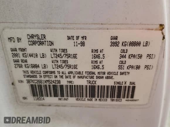 1999 Dodge RAM with VIN 3B7KC2661XM524238, listed as a Copart auction lot 48144094 with Not provided miles and Salvage title. Bid and sale history available at DreamBid. Image 12.