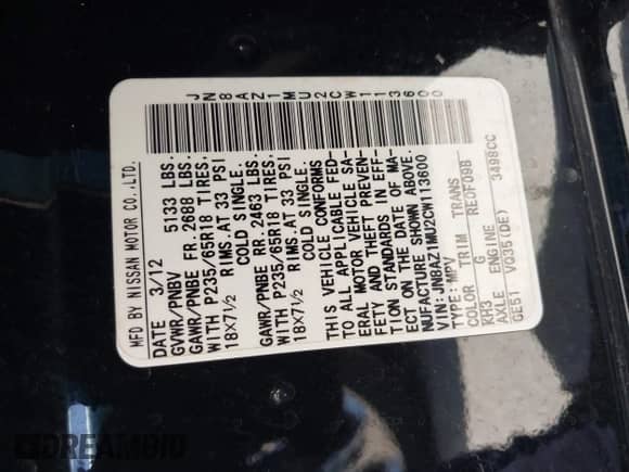 2012 Nissan Murano S with VIN JN8AZ1MU2CW113600, listed as a IAAI auction lot 42862098 with 182,457 mi miles and . Bid and sale history available at DreamBid. Image 9.