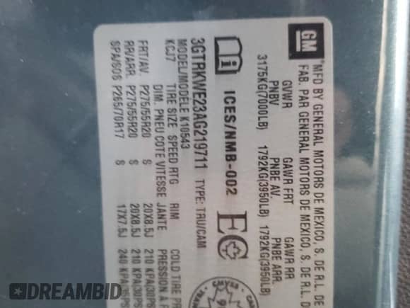 2010 GMC Sierra 1500 SLT z VIN 3GTRKWE23AG219711, wystawiony jako Copart lot #82776894 z przebiegiem 112 675 mil mil oraz Szkoda całkowita • Salvage title. Historia ofert i sprzedaży dostępna na DreamBid. Obrazek 12.