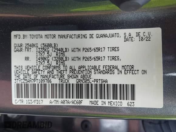 2023 Toyota Tacoma SR с VIN 3TYCZ5AN7PT109786, выставлен на аукционе IAAI как лот 42926073 с пробегом 51 321 миль миль и . История ставок и продаж доступна на DreamBid. Изображение 9.