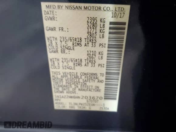 2017 Nissan Murano Platinum z VIN 5N1AZ2MH6HN203670, wystawiony jako Copart lot #71250065 z przebiegiem 131 335 mil mil oraz Szkoda całkowita • Salvage title. Historia ofert i sprzedaży dostępna na DreamBid. Obrazek 14.