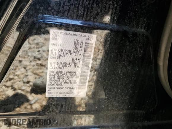 2017 Nissan Pathfinder SL with VIN 5N1DR2MN0HC678469, listed as a Copart auction lot 57672275 with 156,111 mi miles and Salvage title. Bid and sale history available at DreamBid. Image 13.