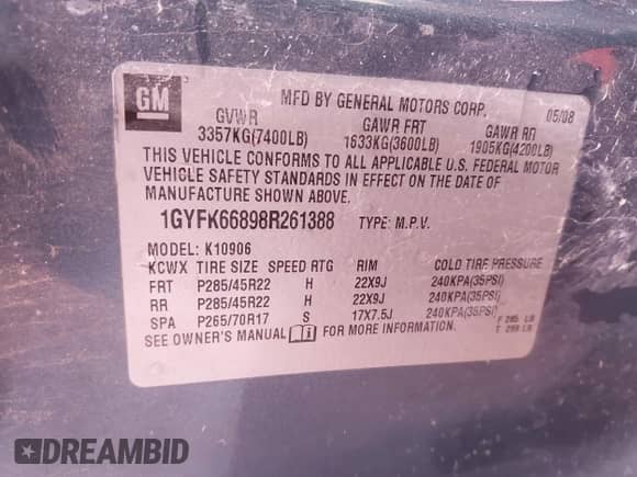 2008 Cadillac Escalade ESV с VIN 1GYFK66898R261388, выставлен на аукционе IAAI как лот 41919178 с пробегом 233 060 миль миль и . История ставок и продаж доступна на DreamBid. Изображение 9.