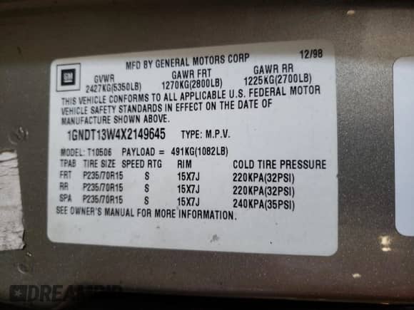 1999 Chevrolet Blazer LT z VIN 1GNDT13W4X2149645, wystawiony jako Copart lot #68597425 z przebiegiem 184 694 mil mil oraz Czysty tytuł • Clean title. Historia ofert i sprzedaży dostępna na DreamBid. Obrazek 13.