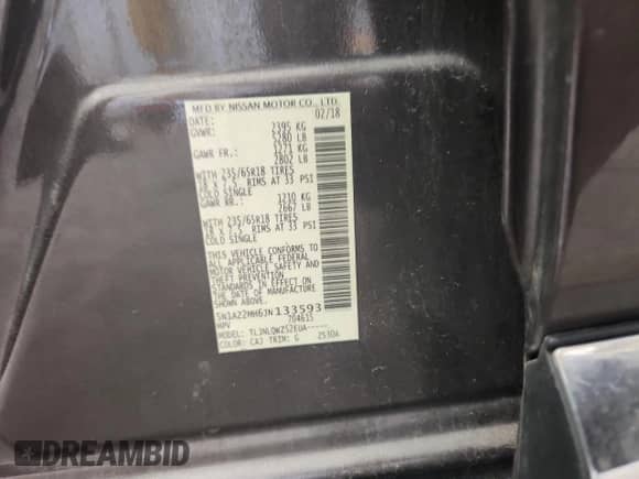 2018 Nissan Murano SL с VIN 5N1AZ2MH6JN133593, выставлен на аукционе Copart как лот 83938065 с пробегом 106 830 миль миль и На запчасти • Non repairable. История ставок и продаж доступна на DreamBid. Изображение 13.