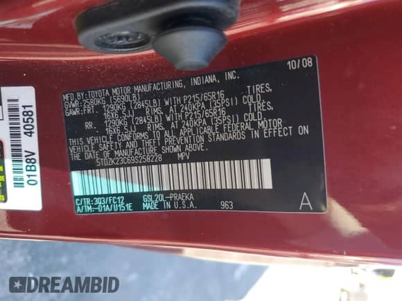 2009 Toyota Sienna LE с VIN 5TDZK23C69S258228, выставлен на аукционе Copart как лот 82336515 с пробегом 268 165 миль миль и Списание • Salvage title. История ставок и продаж доступна на DreamBid. Изображение 13.