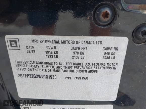 1998 Chevrolet Camaro Z28 z VIN 2G1FP22G2W2131930, wystawiony jako IAAI lot #41588098 z przebiegiem 24 866 mil mil oraz . Historia ofert i sprzedaży dostępna na DreamBid. Obrazek 9.